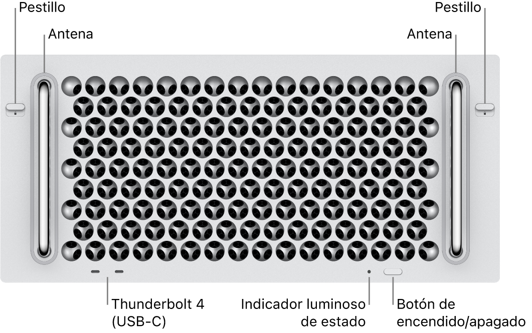 La parte frontal de la Mac Pro mostrando dos pestillos, dos antenas, el botón de encendido, el indicador luminoso de estado y dos puertos Thunderbolt 4 (USB-C).