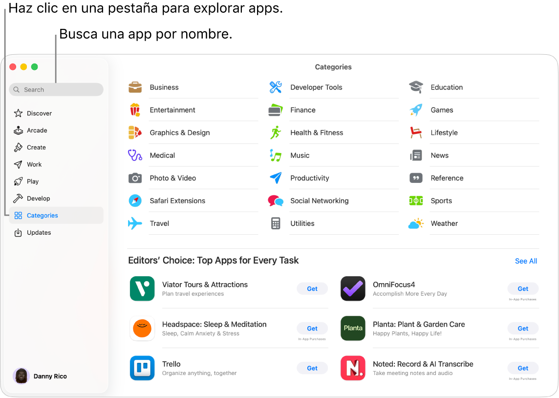 La ventana de App Store mostrando el campo de búsqueda y las categorías de apps.