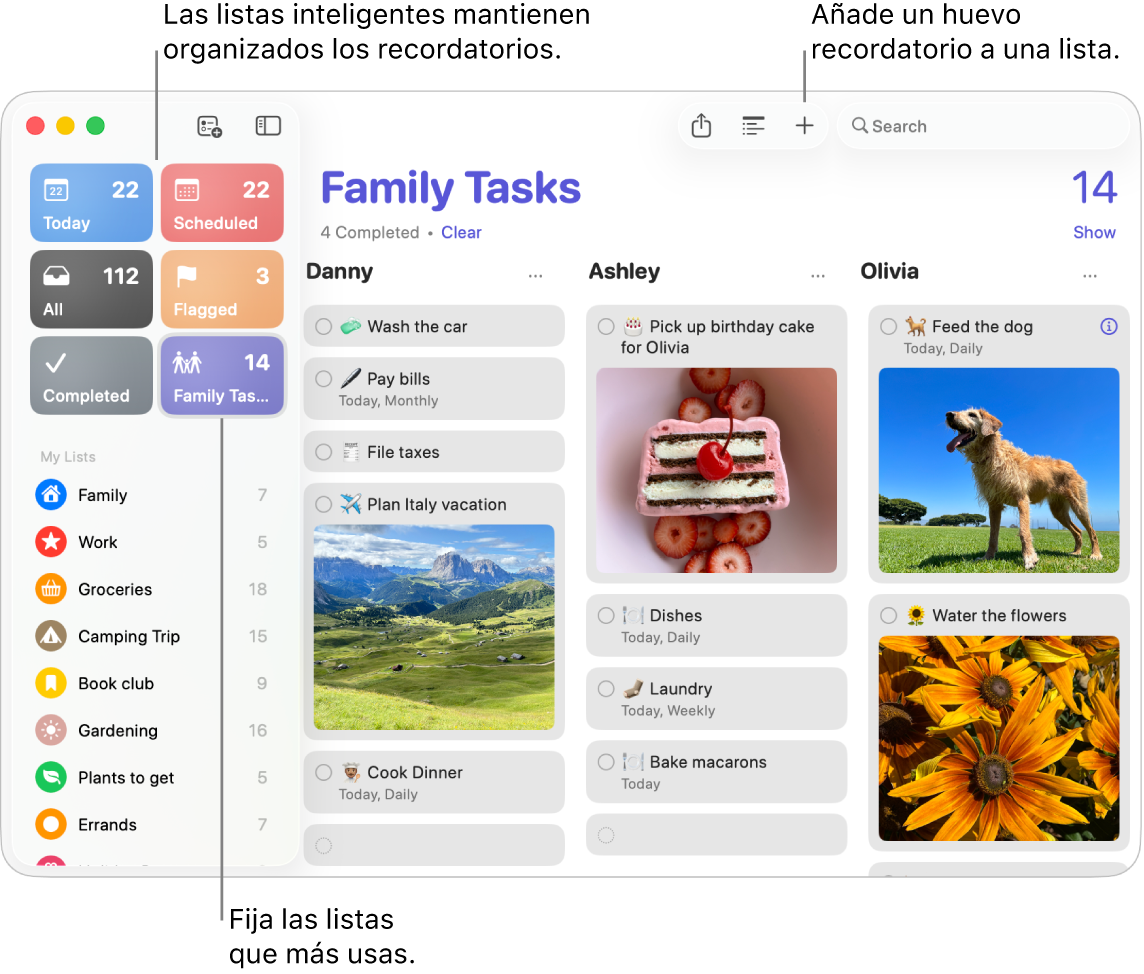 Una ventana de Recordatorios con listas inteligentes a la izquierda y otros recordatorios y listas a la derecha.