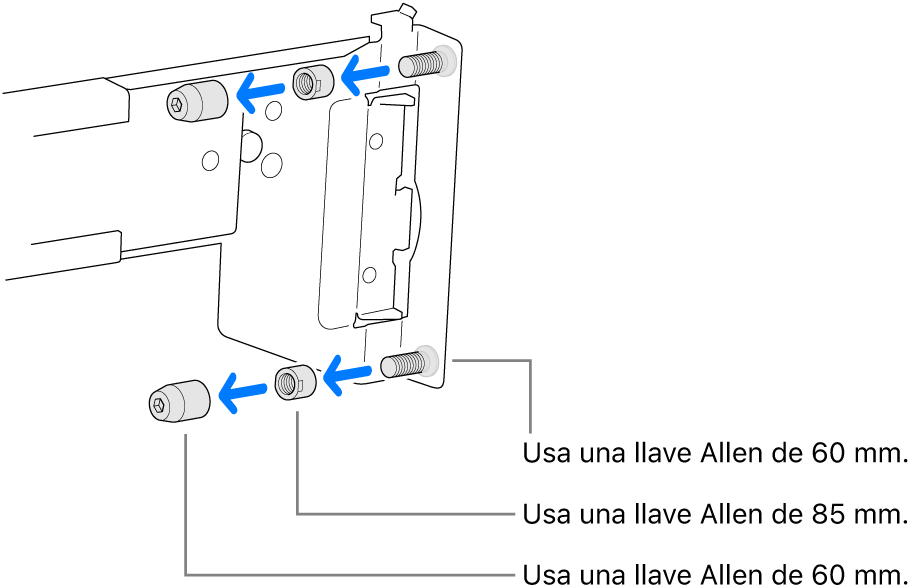 Un conjunto de riel que encaja en un rack de orificios roscados.