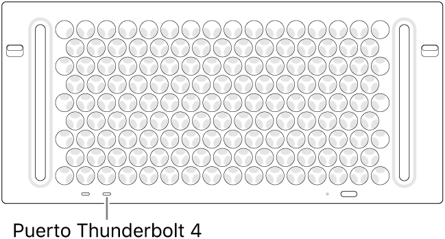 La parte superior de un Mac Pro, donde se señala el puerto Thunderbolt 4 que se debe utilizar.