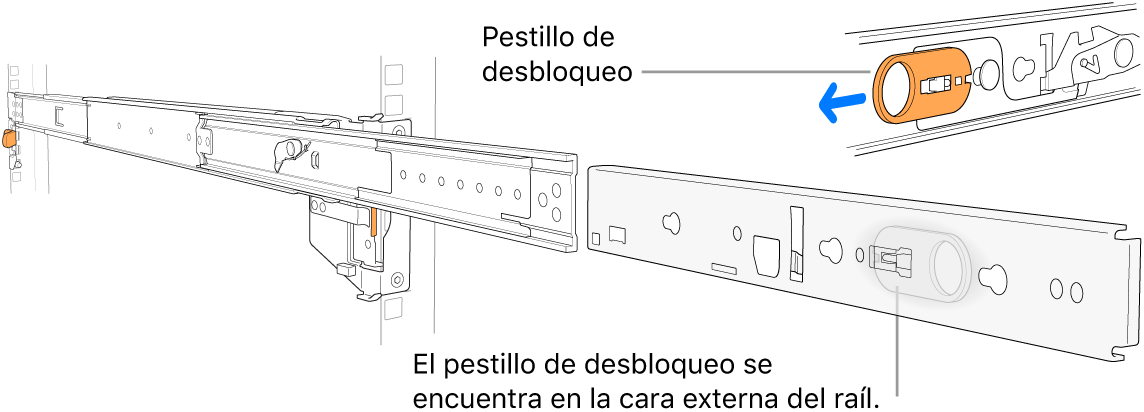Un conjunto de riel extendido con el pestillo de retención resaltado.