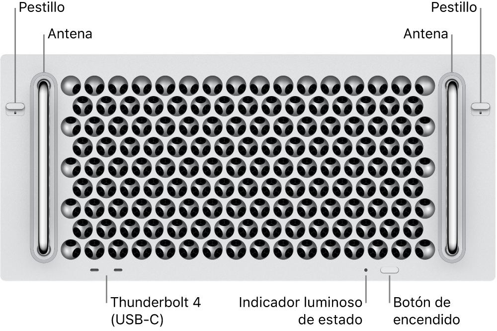 El frente del Mac Pro, con dos cierres, dos antenas, el botón de encendido, un indicador luminoso de estado y dos puertos Thunderbolt 4 (USB-C).