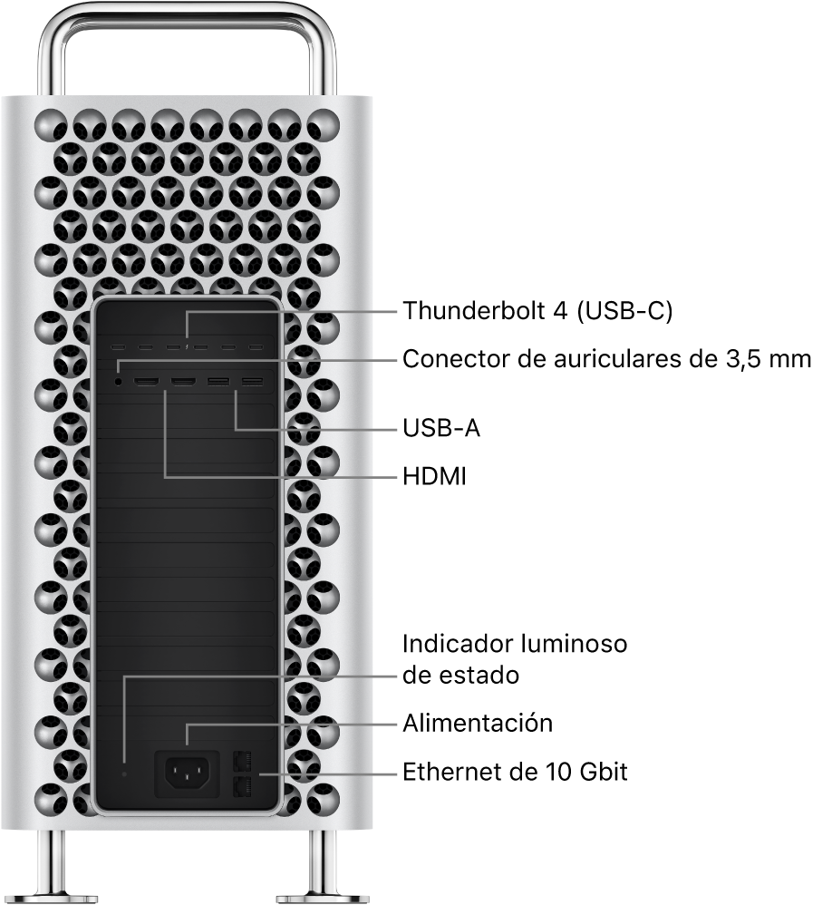 Vista lateral del Mac Pro con sus seis puertos Thunderbolt 4 (USB-C), la toma de auriculares de 3,5 mm, dos puertos USB-A, dos puertos HDMI, un indicador luminoso de estado, un puerto de alimentación y dos puertos Ethernet 10 Gigabit.