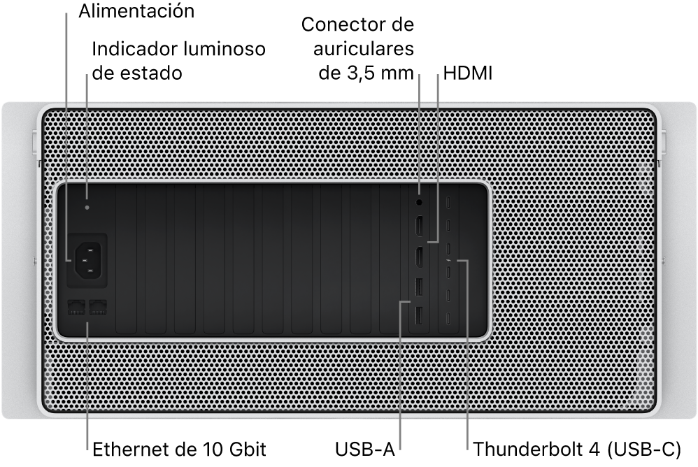 La vista trasera del Mac Pro, con el puerto de alimentación, un indicador luminoso de estado, una toma de auriculares de 3,5 mm, dos puertos HDMI, seis puertos Thunderbolt 4 (USB-C), dos puertos USB-A y dos puertos Ethernet Gigabit 10.