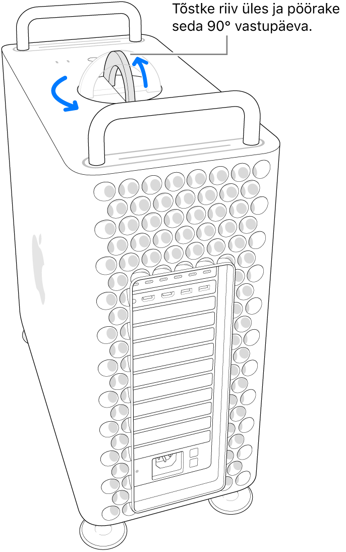 Arvuti korpuse eemaldamise toimingu esimene samm, kus riiv tõstetakse üles ning pööratakse seda 90 kraadi.