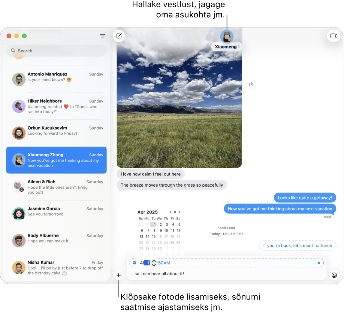 Rakenduse Messages aknas näidatakse vestlust. Sõnumi saatmine on kavandatud hilisemale kuupäevale.