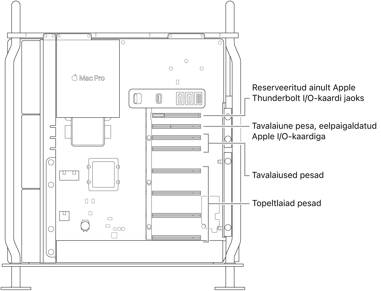 Mac Pro külg on avatud väljaviikudega neljale topeltlaiale pesale, tavalaiusele Apple I/O kaardi pesale ning Thunderbolt I/O kaardi pesale.