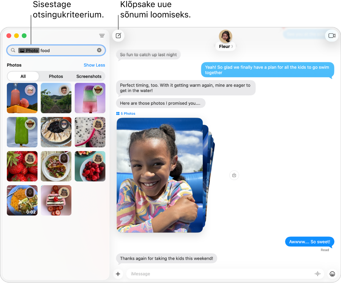 Rakenduse Messages aknas kuvatakse otsingutulemusi vasakul ning vestlust paremal.