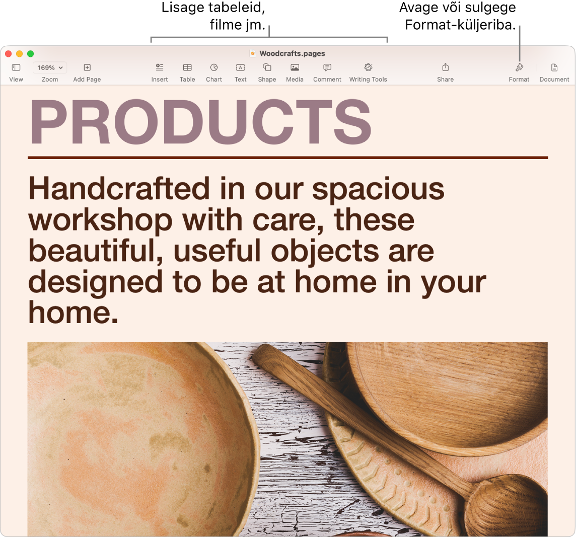 Rakenduse Pages aknas kuvatakse mallist loodud dokumenti. Tööriistaribal on väljaviigud graafikute, videote jm lisamiseks ning väljaviik Format-küljeriba avamiseks või sulgemiseks.