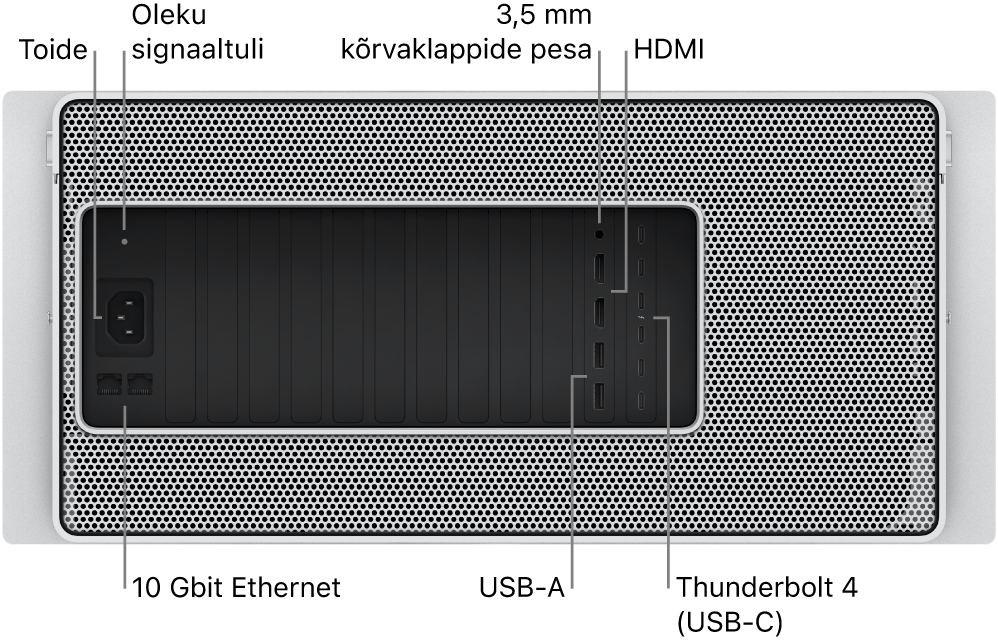 Mac Pro tagantvaates on näha toitepsa, oleku indikaatortuli, 3,5 mm kõrvaklappide pesa, kaks HDMI-porti, kuus Thunderbolt 4 (USB-C) porti, kaks USB-A-porti ning kaks 10 Gbit Etherneti porti.