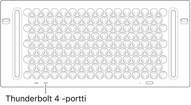 Mac Pron yläpuoli, jossa osoitetaan käytettäväksi tarkoitettua Thunderbolt 4 ‑porttia.