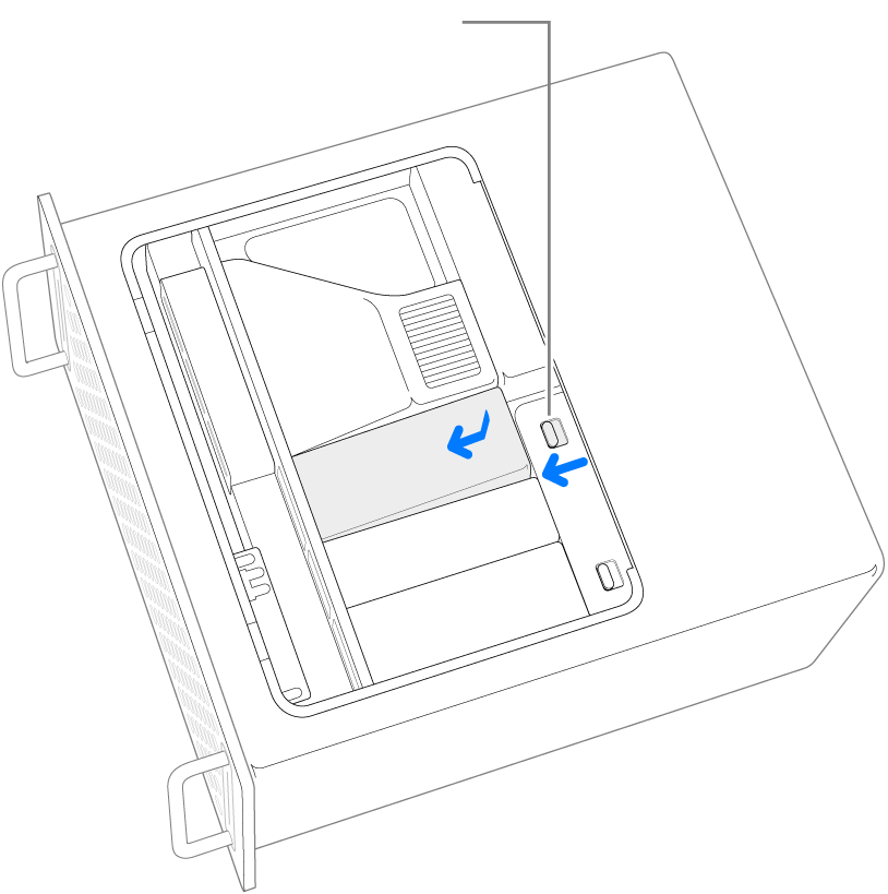 SSD-moduulien suojat asennetaan takaisin siirtämällä lukituskytkintä vasemmalle ja painamalla SSD:n suojaa alas.