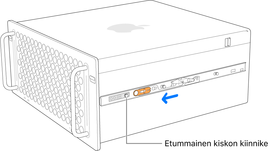 Mac Pro, jossa kisko liukuu eteenpäin ja lukittuu paikalleen.