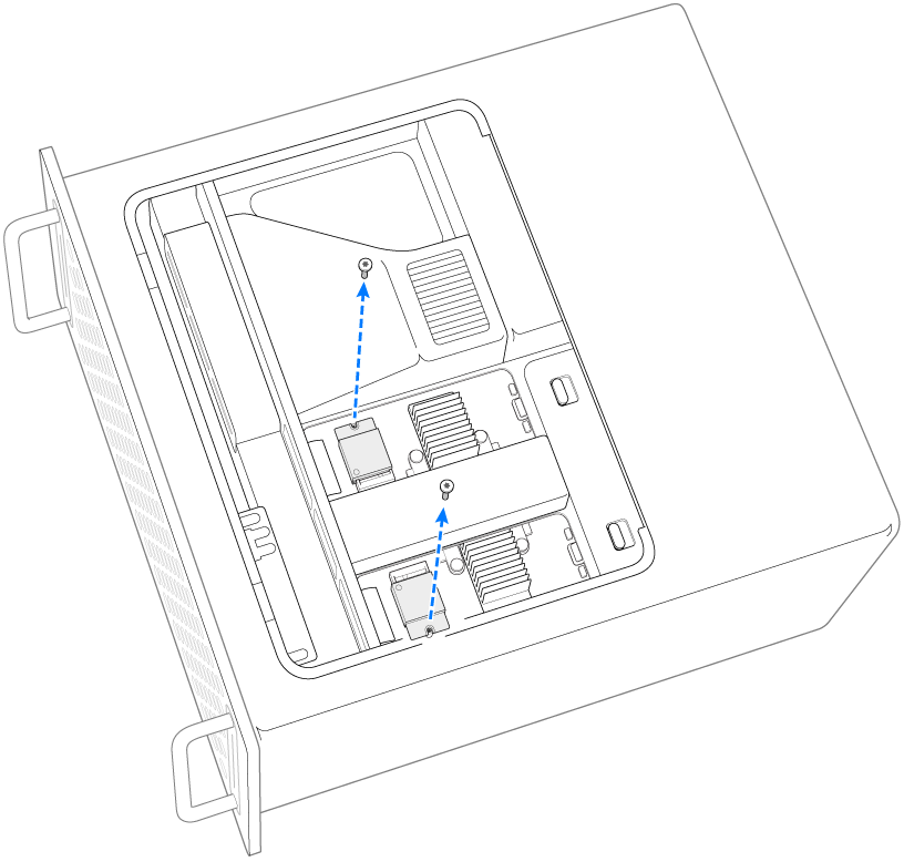 Kaksi ruuvia poistetaan SSD-moduuleista.