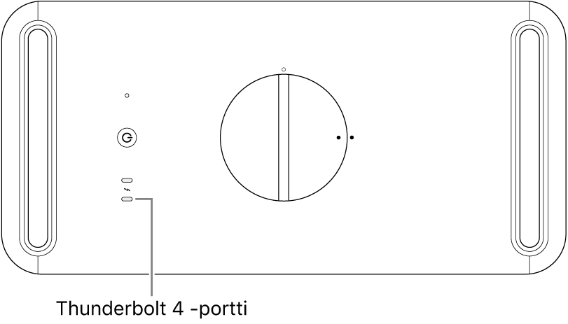 Mac Pron yläpuoli. Selite osoittaa käytettävän Thunderbolt 4 ‑portin.