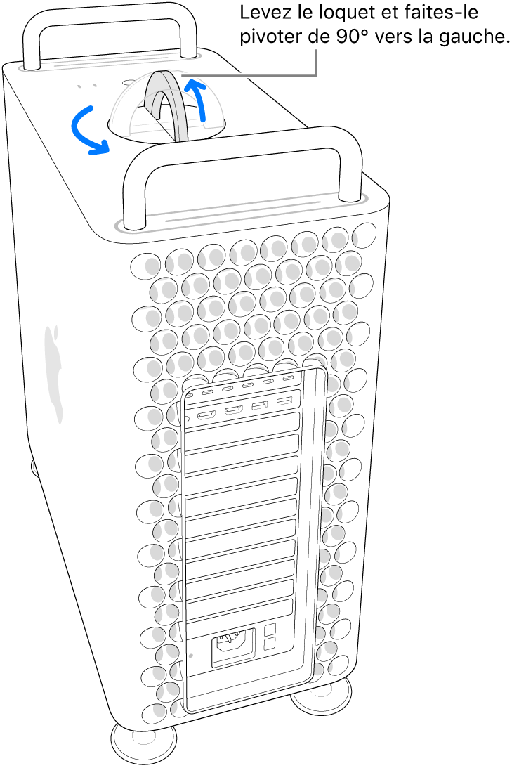 Première étape pour retirer le boîtier de l’ordinateur en soulevant le loquet et en le faisant tourner de 90 degrés.