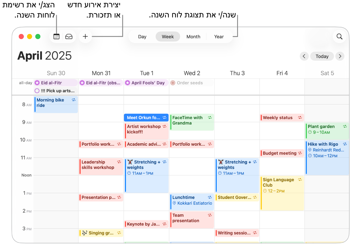 חלון של היישום ״לוח שנה״ המציג את כל האירועים והתזכורות שתוזמנו לשבוע זה. חיצים מצביעים אל הכפתורים שמציגים את רשימת לוחות השנה, מאפשרים יצירה של אירוע או תזכורת ומשנים את התצוגה לתצוגה לפי יום, שבוע, חודש או שנה.
