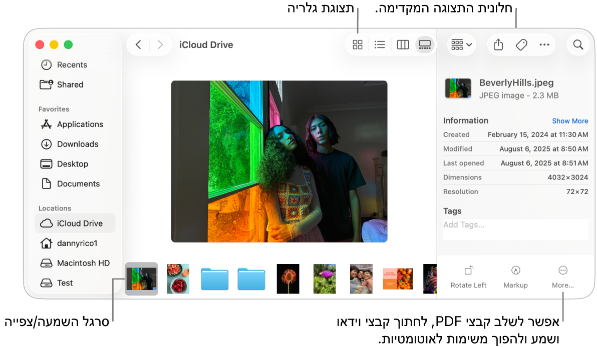 חלון Finder הפתוח ב״תצוגת גלריה״ ומציג תמונה גדולה ומתחתיה שורה של תמונות קטנות יותר - פס הגלילה לניווט. פקדים לסיבוב, לסימון ולפעולות נוספות מופיעים מימין לפס הגלילה לניווט.