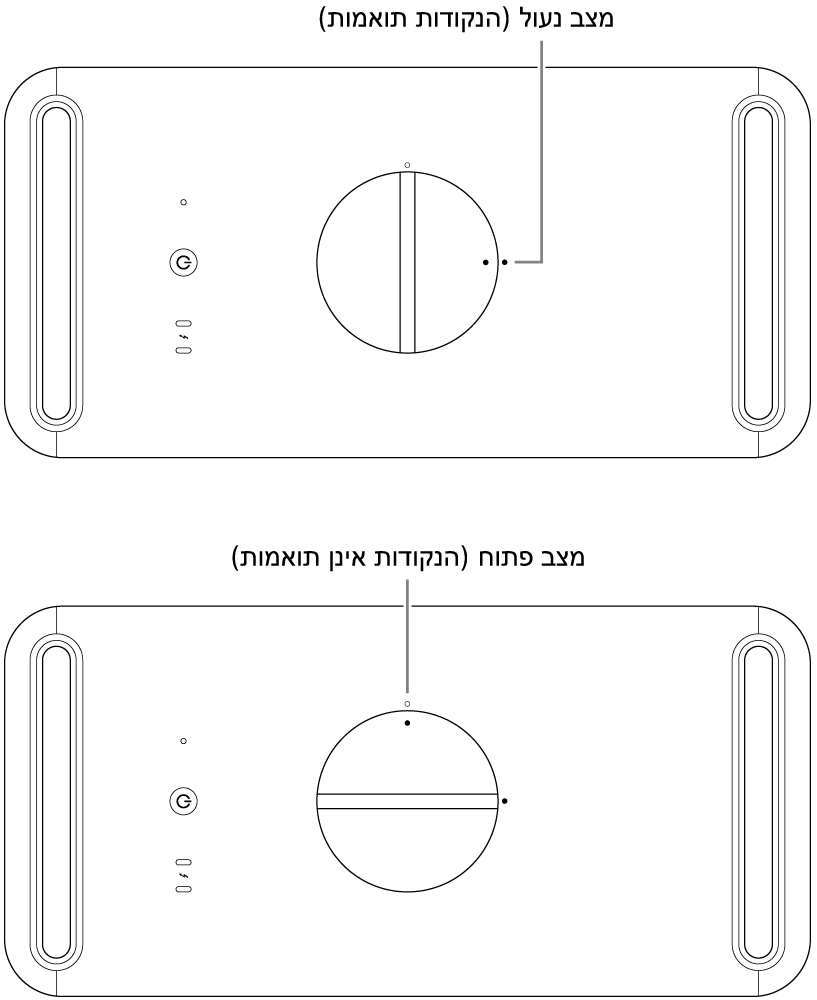 החלק העליון של מארז המחשב ובו ידית הנעילה במצב נעול ובמצב לא נעול.