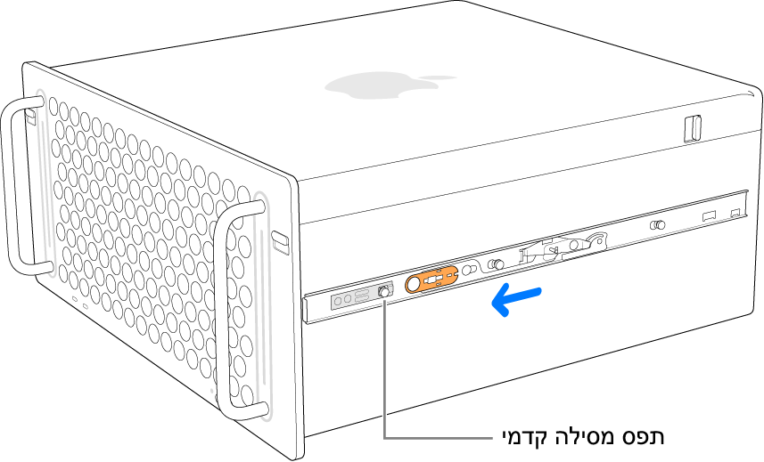 ‏Mac Pro עם מסילה המחליקה קדימה וננעלת במקומה.
