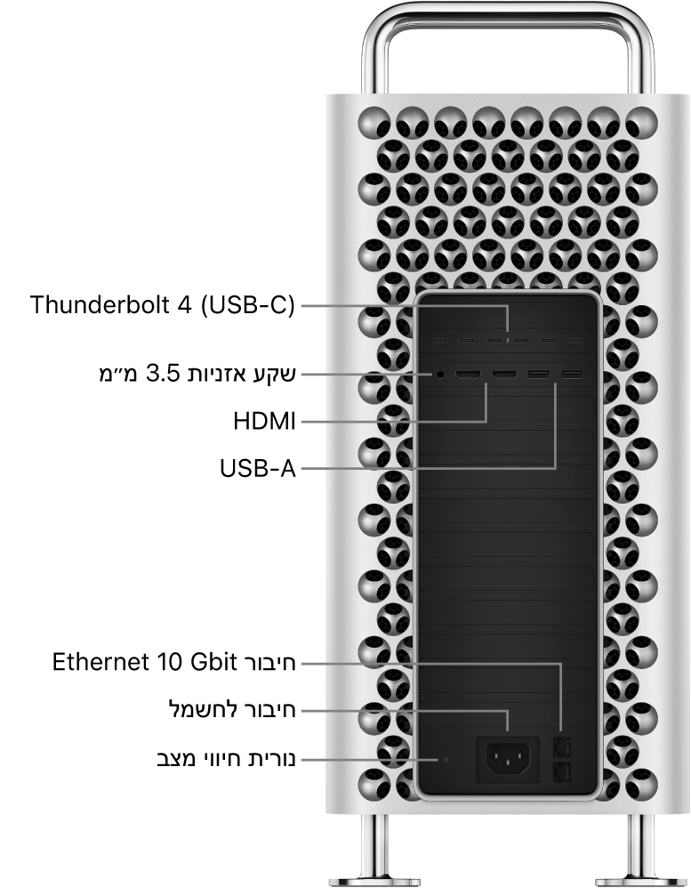 מבט מהצד על Mac Pro המציג שש יציאות של Thunderbolt 4 (USB-C), מחבר האוזניות של 3.5 מ״מ, שתי יציאות USB-A, שתי יציאות HDMI, נורית מחוון המצב, יציאת ספק כוח ושתי יציאות Ethernet 10 ג׳יגה סיביות.
