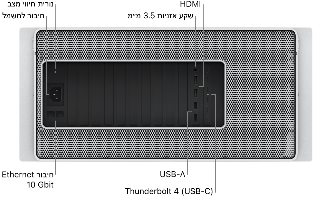 מבט מאחור על Mac Pro המציג את שקע החשמל, נורית מחוון המצב, מחבר אוזניות 3.5 מ״מ, שתי יציאות HDMI, שש יציאות Thunderbolt 4 ‏(USB-C) ושתי יציאות USB-A ושתי יציאות Ethernet של 10 ג׳יגה-סיביות/שניה.