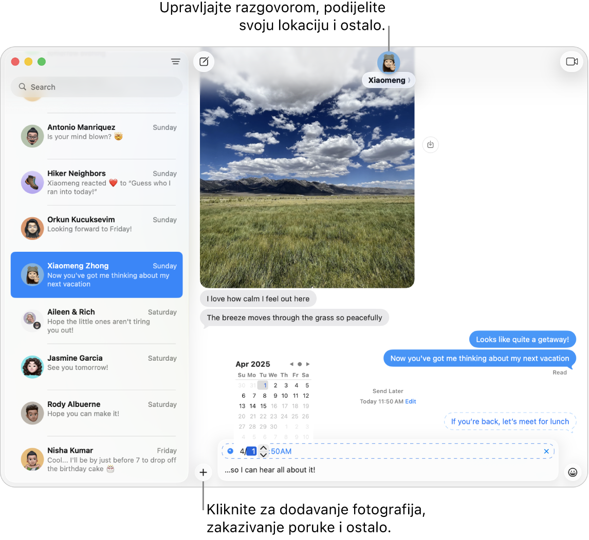 U prozoru aplikacije Poruke prikazuje se razgovor. Poruka je zakazana za kasnije slanje.