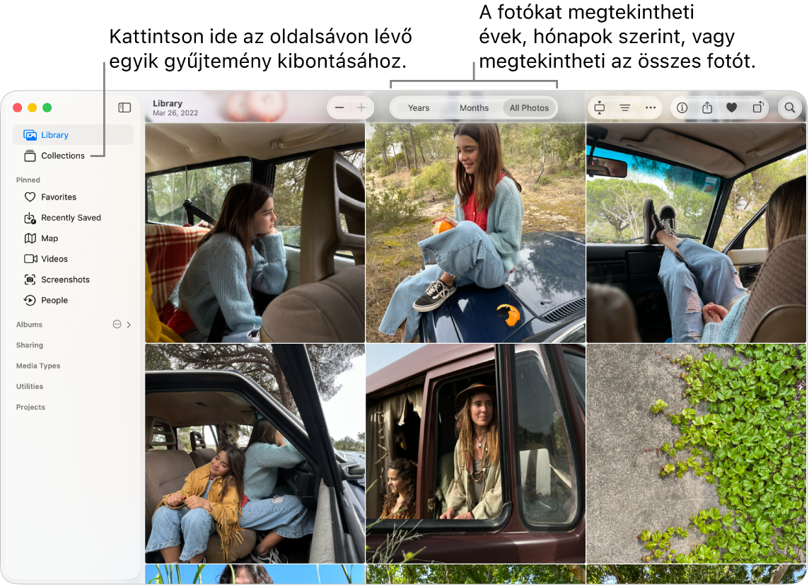 A Fotók ablak megjeleníti a könyvtárat, ahol megtekintheti a fotókat évenként, hónaponként, vagy megtekintheti az összes fotót. Különböző gyűjteményekből is választhat az oldalsávon.