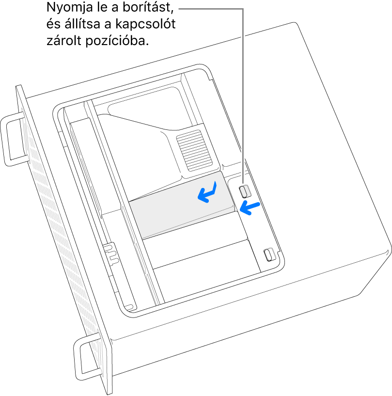 Az SSD-foglalatok burkolatának visszaszerelése a retesz bal oldalra mozgatásával és az SSD-foglalat burkolatának lenyomásával.