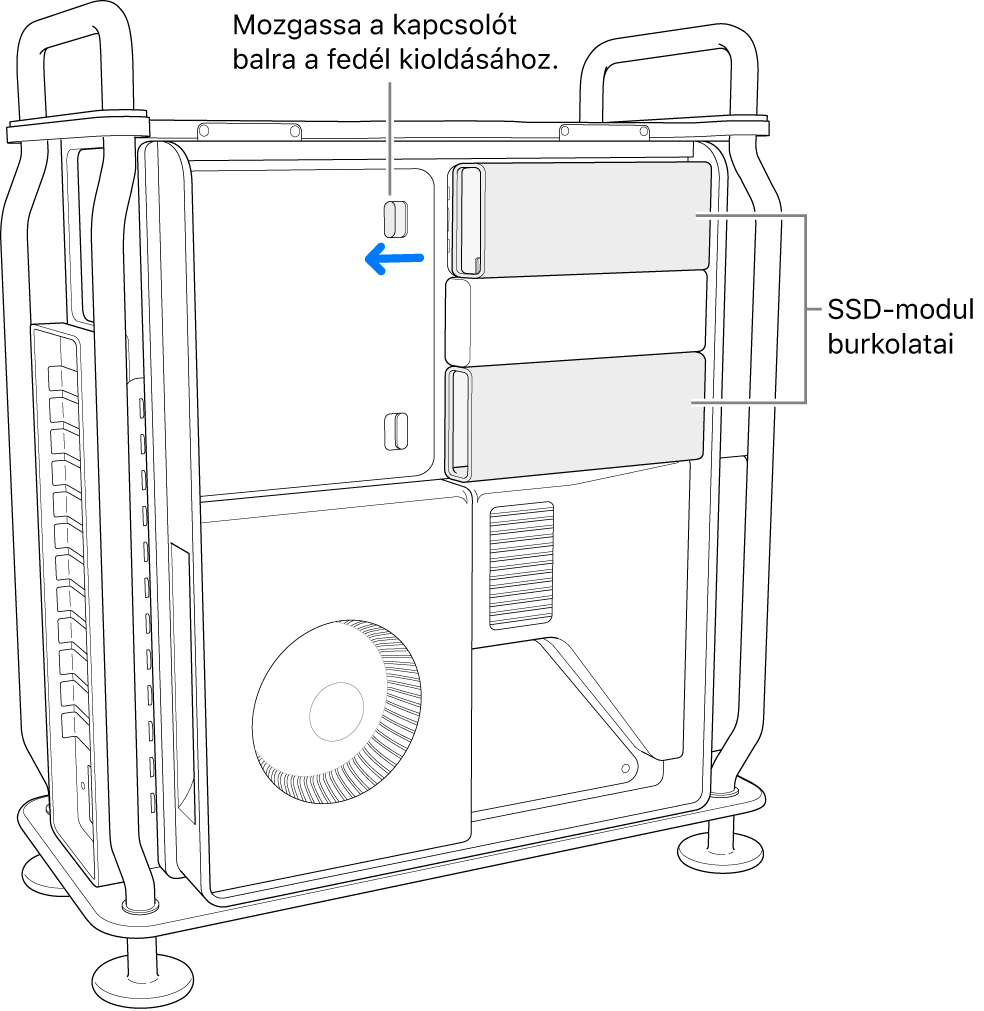 A kapcsoló balra elmozdítva az SSD-foglalatok burkolatának kioldásához.