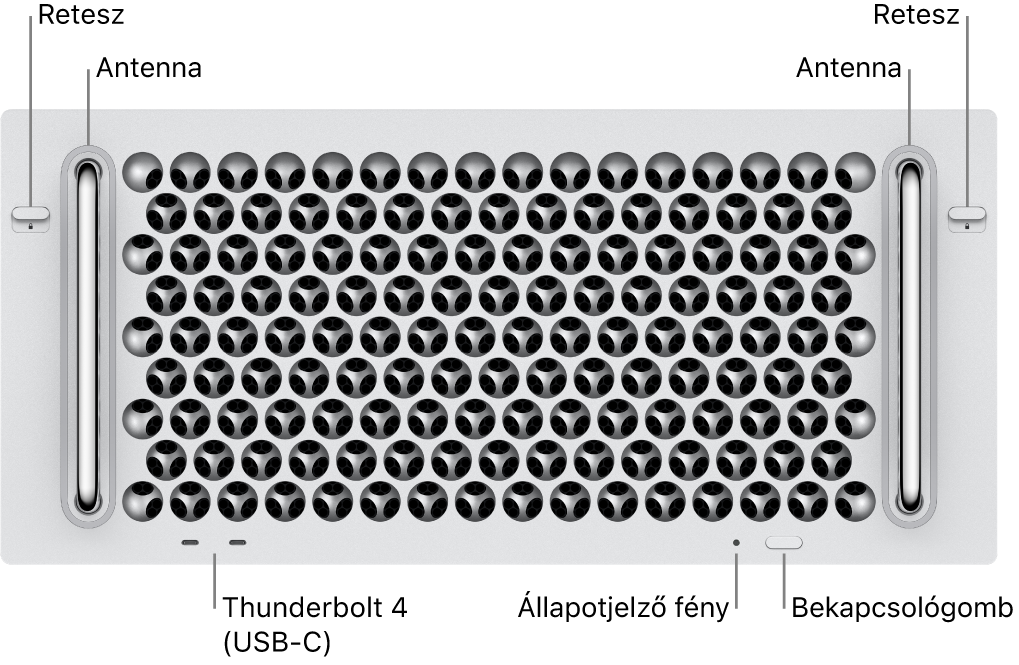 A Mac Pro elülső oldala két retesszel, két antennával, a főkapcsolóval, az állapotjelző fénnyel és két Thunderbolt 4- (USB-C) porttal.