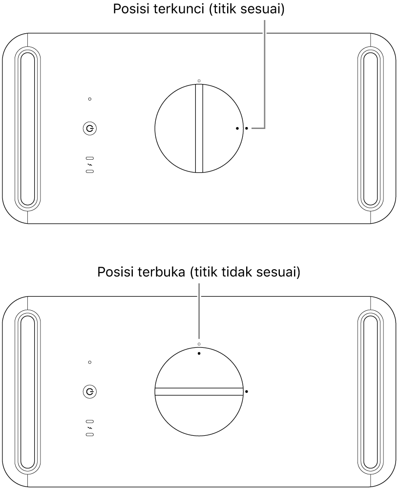 Bagian atas casing komputer menampilkan kait dalam posisi terkunci dan terbuka.