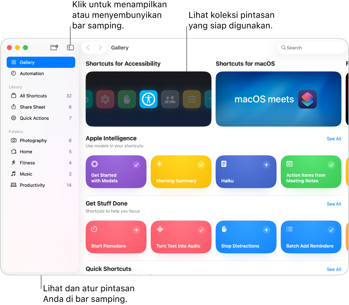 Jendela Pintasan dengan bar samping terbuka di sebelah kiri dan Galeri di sebelah kanan, dengan koleksi pintasan siap pakai.