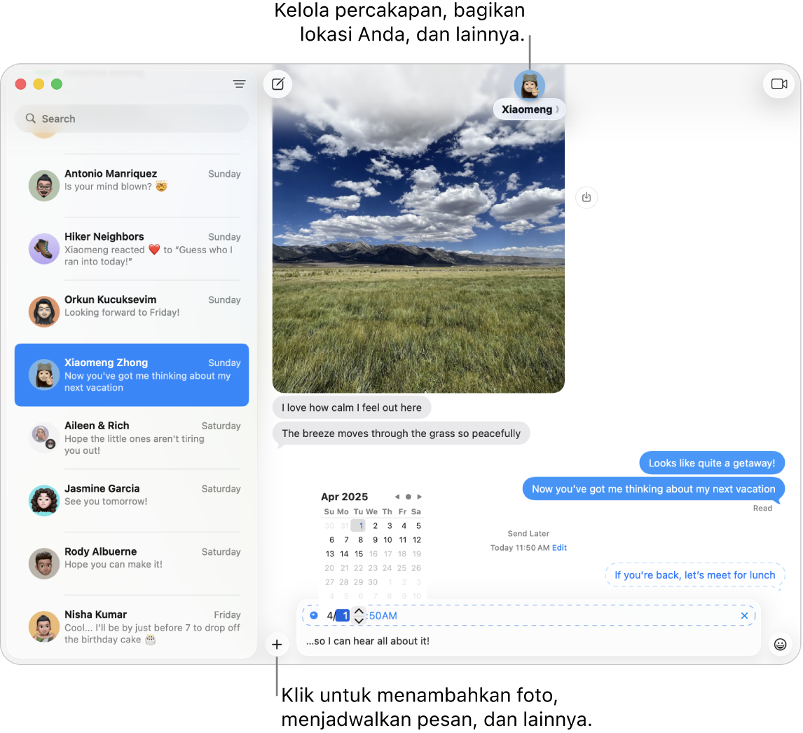 Jendela Pesan menampilkan percakapan. Pesan sedang dijadwalkan untuk dikirim di lain waktu.