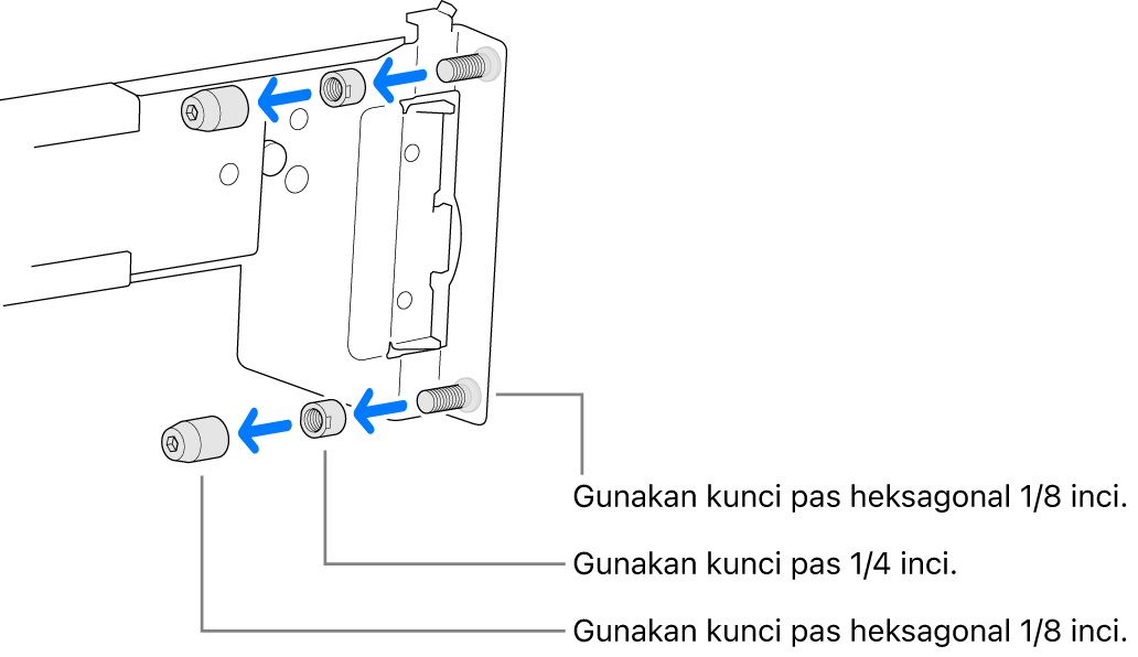 Rangka rel yang dapat dipasang pada rak dengan lubang berulir.
