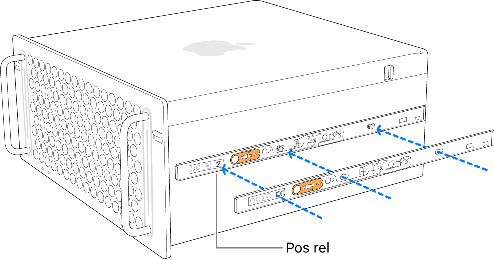 Mac Pro dengan rel dalam sedang dipasang ke bagian sampingnya.