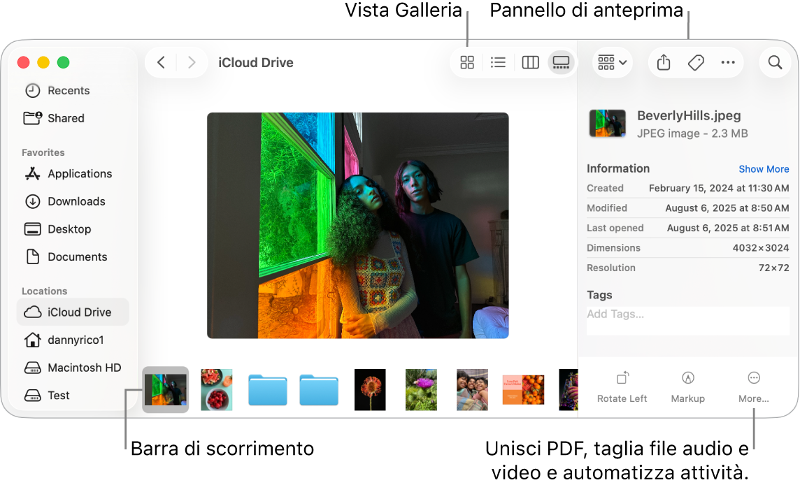 Una finestra del Finder aperta nella vista Galleria, che mostra una foto grande con una fila di foto più piccole, la barra di scorrimento, sotto di essa. I controlli per la rotazione, l’evidenziazione e altro vengono mostrati a destra della barra di scorrimento.
