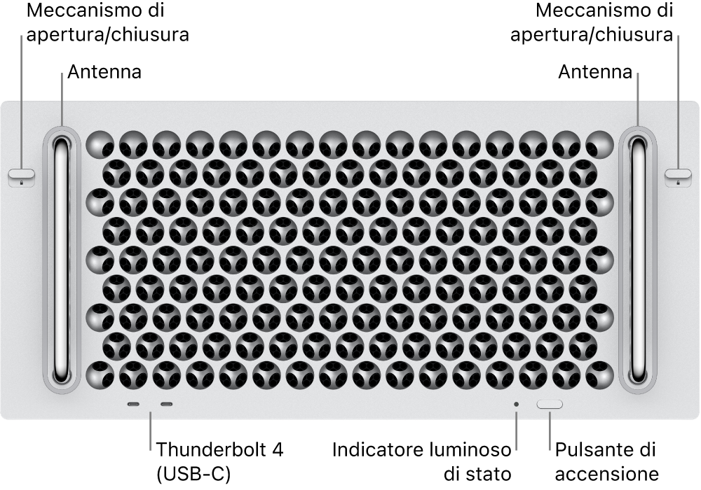 La parte anteriore di Mac Pro che mostra due fermi, due antenne, il pulsante di accensione, un indicatore luminoso di stato e due porte Thunderbolt 4 (USB-C).