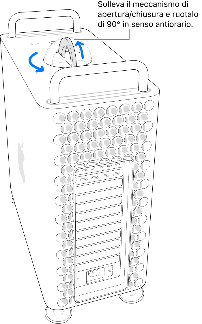 I primi passaggi per rimuovere la custodia del computer sollevando il fermo e ruotandolo di 90 gradi.