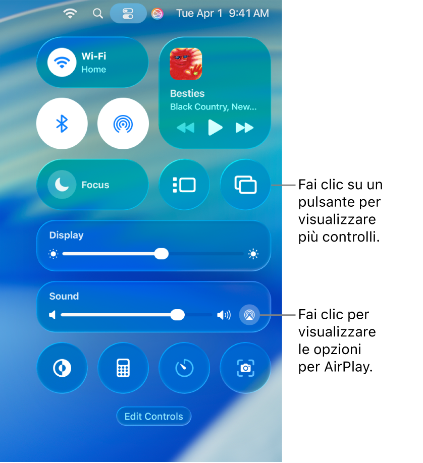 Vista ingrandita di Centro di Controllo sul Mac.