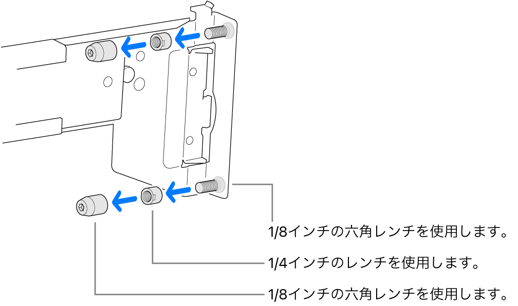 ねじ山が切られているラックに合うレールアセンブリ。