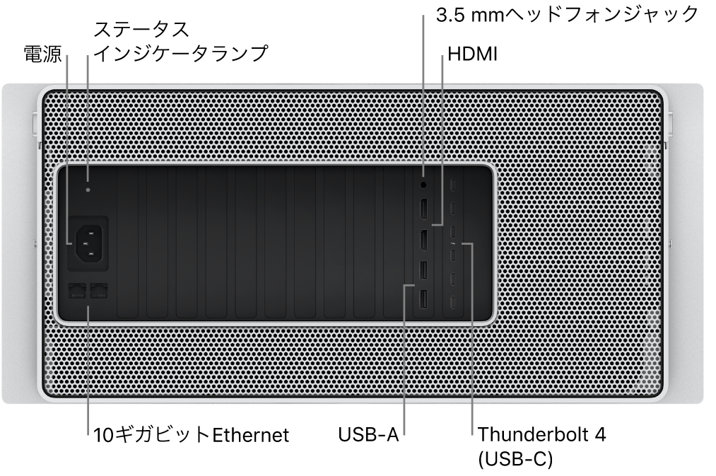 Mac Proの背面図。電源ポート、ステータスインジケータランプ、3.5 mmヘッドフォンジャック、2つのHDMIポート、6つのThunderbolt 4(USB-C)ポート、2つのUSB-Aポート、2つの10ギガビットEthernetポートが示されています。