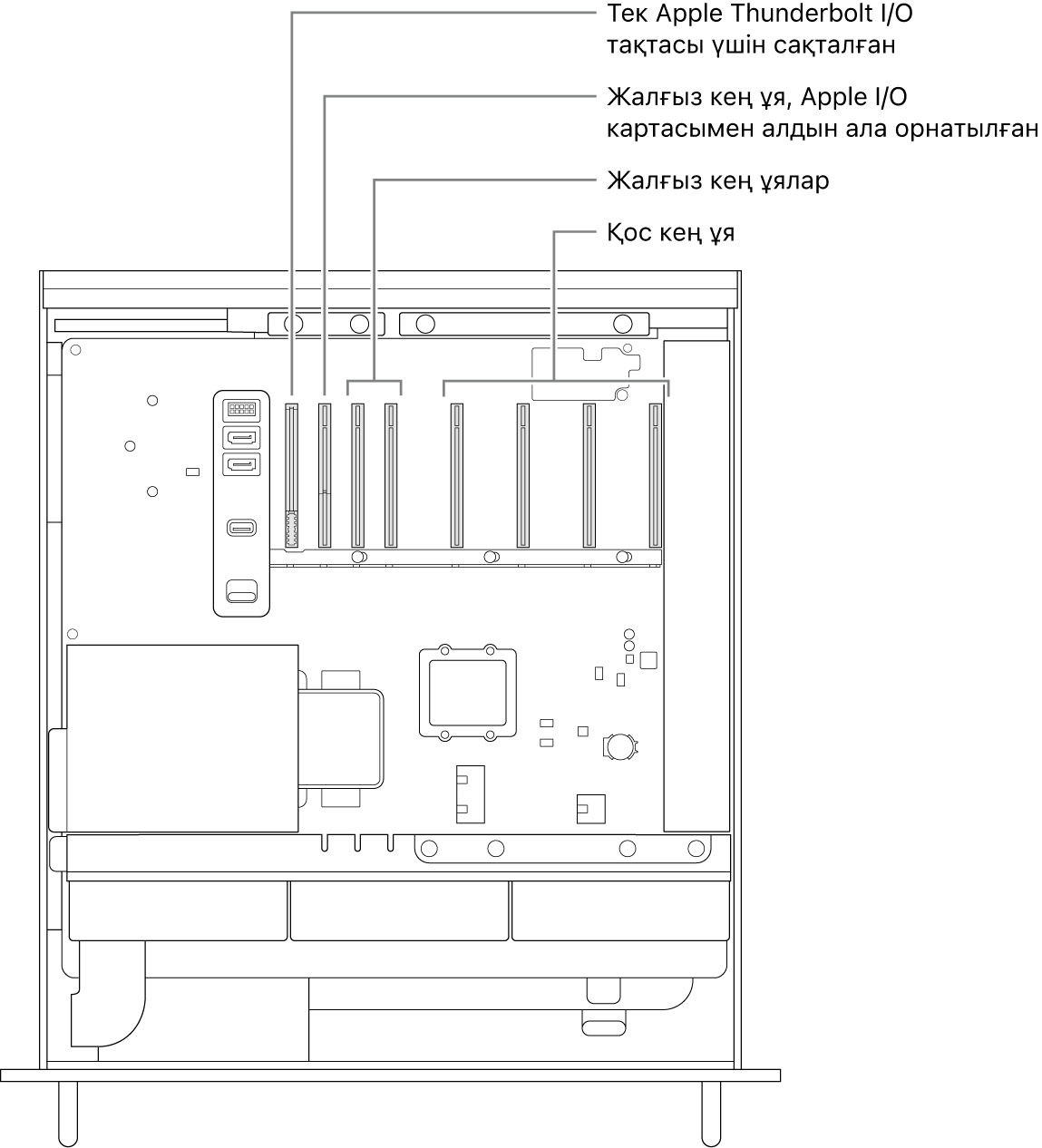 Thunderbolt I/O тақтасының ұясы, Apple I/O картасының бір кең ұясы, екі кең ұя және төрт қос кең ұя орнын көрсетіп тұрған тілше деректері бар ашық Mac Pro компьютерінің бүйірі.