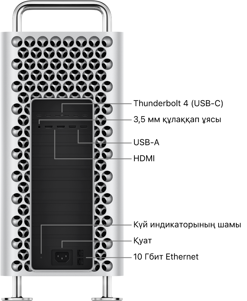 Алты Thunderbolt 4 (USB-C) портын, 3,5 мм құлаққап ұясын, екі USB-A портын, екі HDMI портын, күй индикаторының шамын, қуат портын және екі 10 Гбит Ethernet портын көрсетіп тұрған Mac Pro компьютерінің бүйірлік көрінісі.