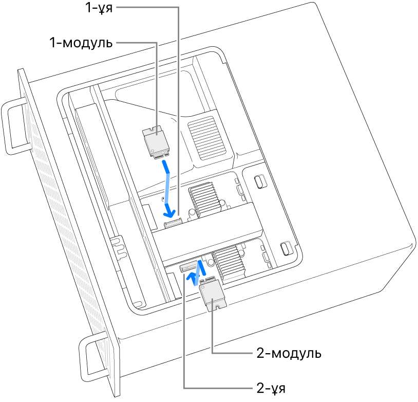 Орнатылып жатқан екі SSD модулі.