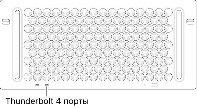 Пайдалану үшін дұрыс Thunderbolt 4 портын көрсетіп тұрған Mac Pro компьютерінің жоғарғы жағы.