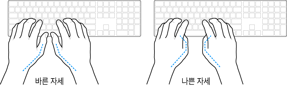 엄지손가락의 바른 위치와 잘못된 위치를 보여주는 키보드 위의 손.