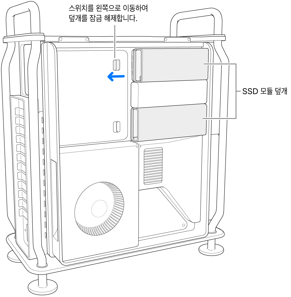 스위치를 왼쪽으로 이동하여 SSD 덮개가 잠금 해제됨.