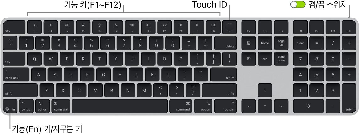 상단에 있는 기능 키와 Touch ID 및 왼쪽 하단에 있는 Fn(Function)/지구본 키를 보여주는 Touch ID 및 숫자 키패드 지원 Magic Keyboard.